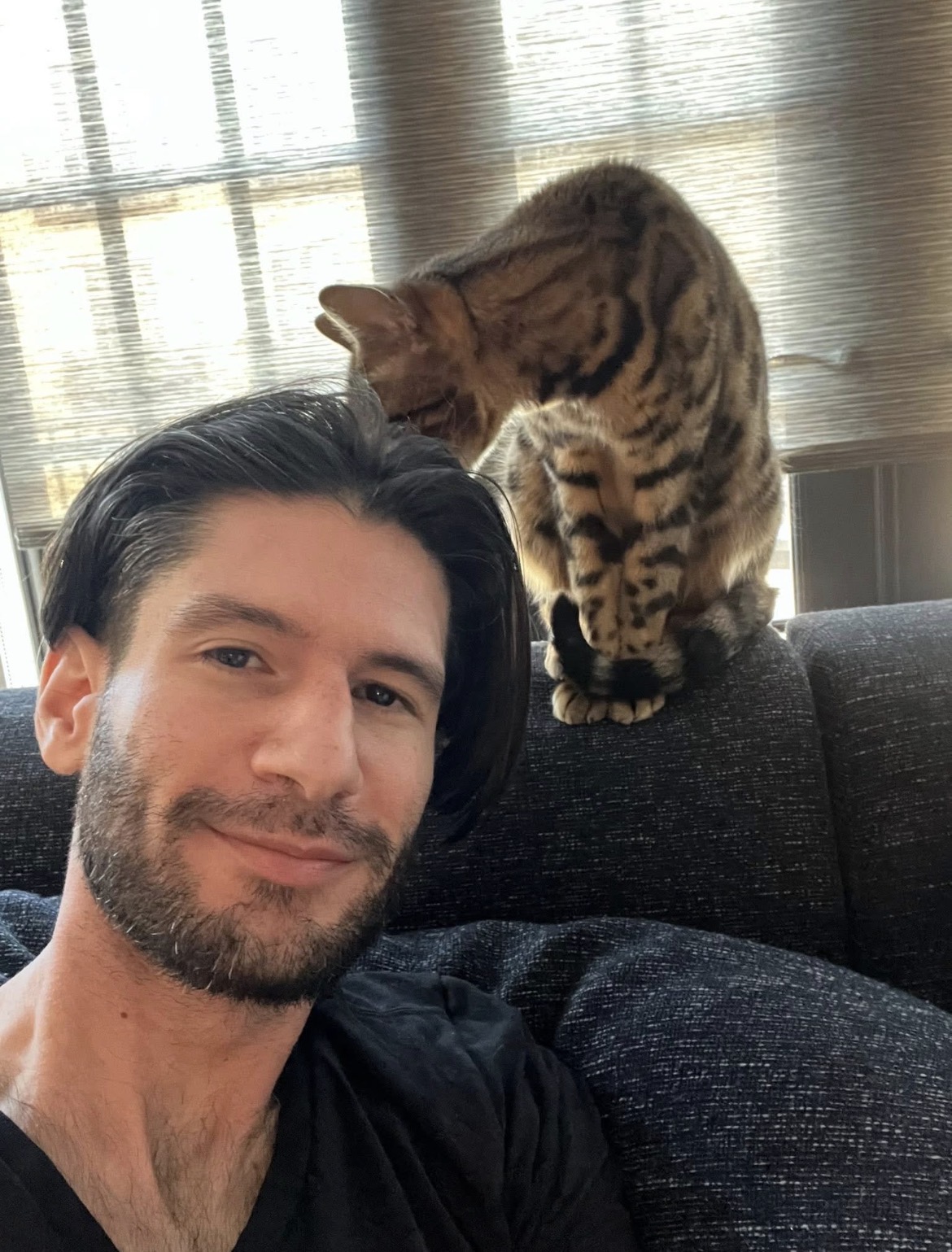 Person with dark hair and beard sitting on a couch, a cat with striped fur on the backrest, window with curtains in background.