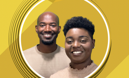 Two smiling people, a man and a woman, pose together against a yellow geometric background with circular design elements.