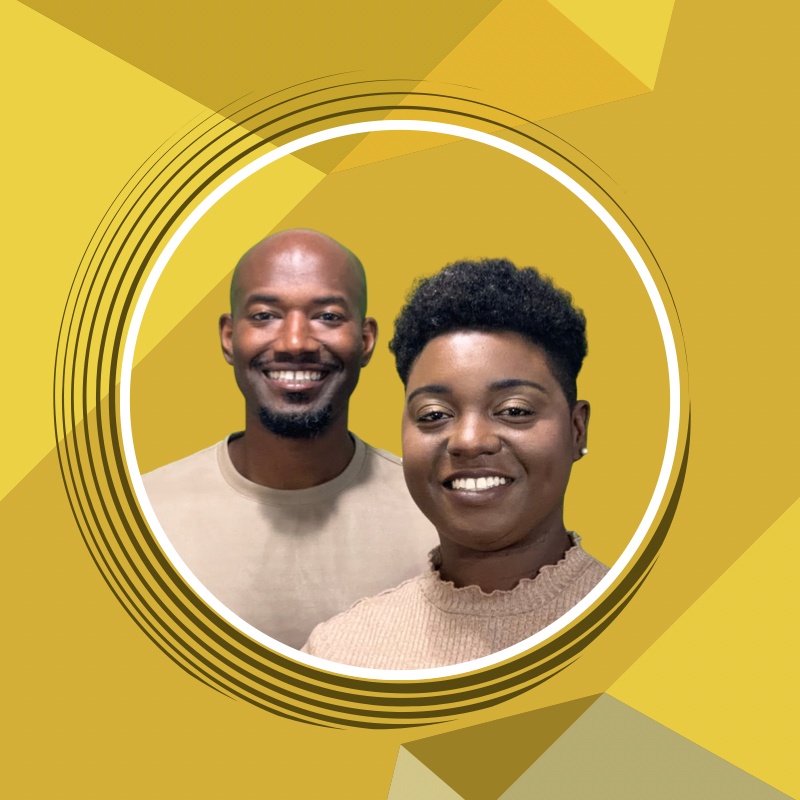 Two smiling people, a man and a woman, pose together against a yellow geometric background with circular design elements.