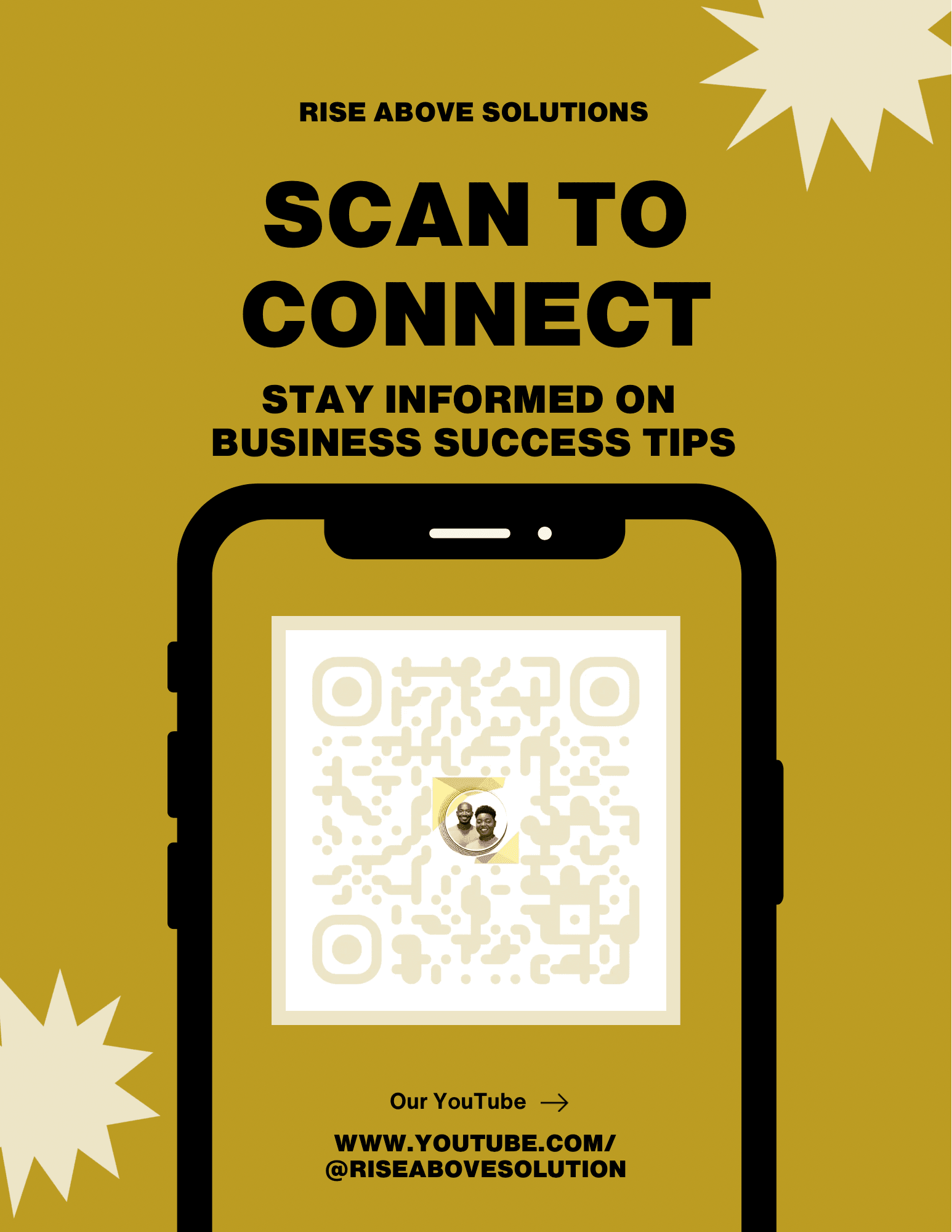 Poster with a smartphone displaying a QR code, text about connecting and business tips, yellow background, white star shapes.