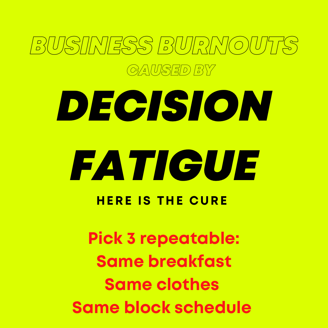Bright yellow background with bold black and red text about business burnout and solutions.