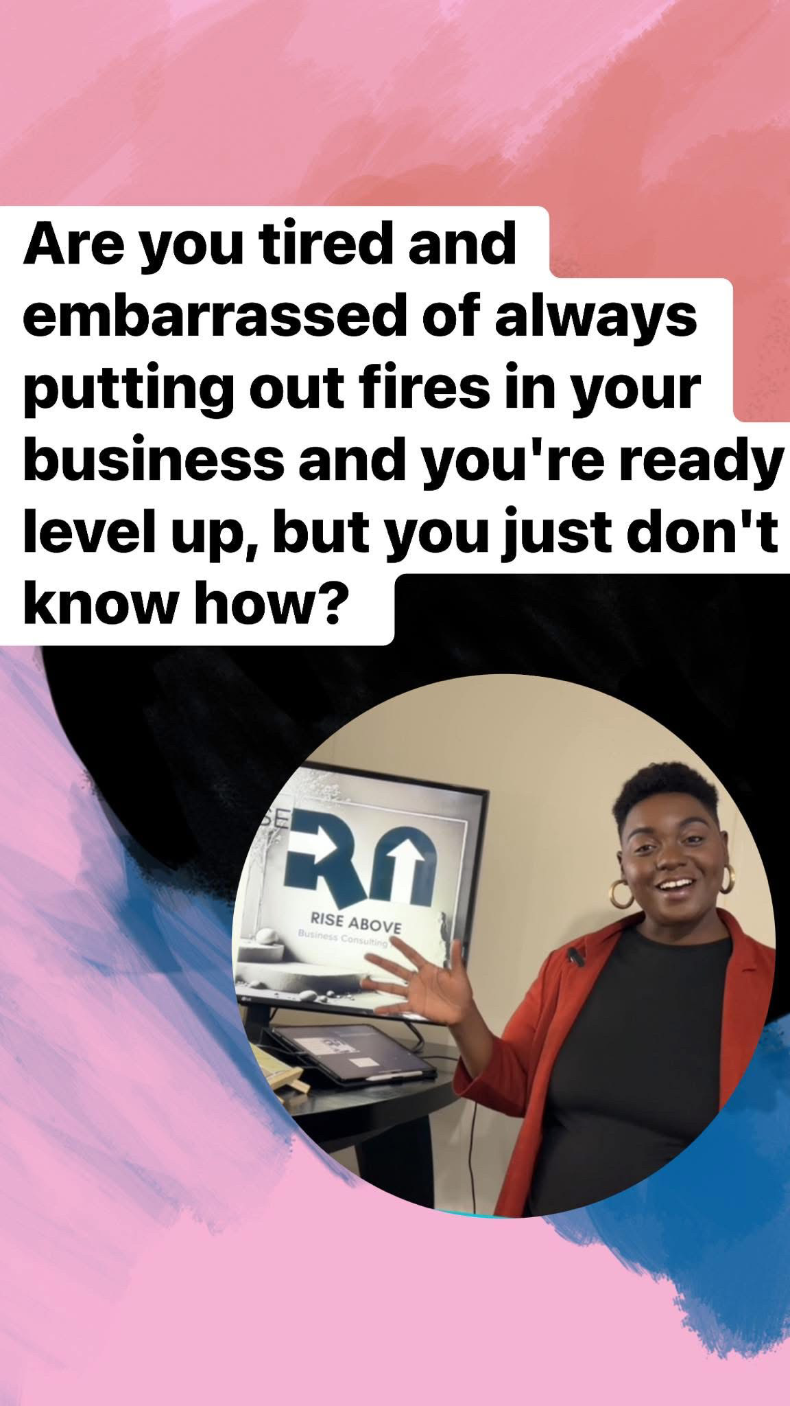 Person smiling and gesturing in front of a computer screen with text about fire safety and business readiness.
