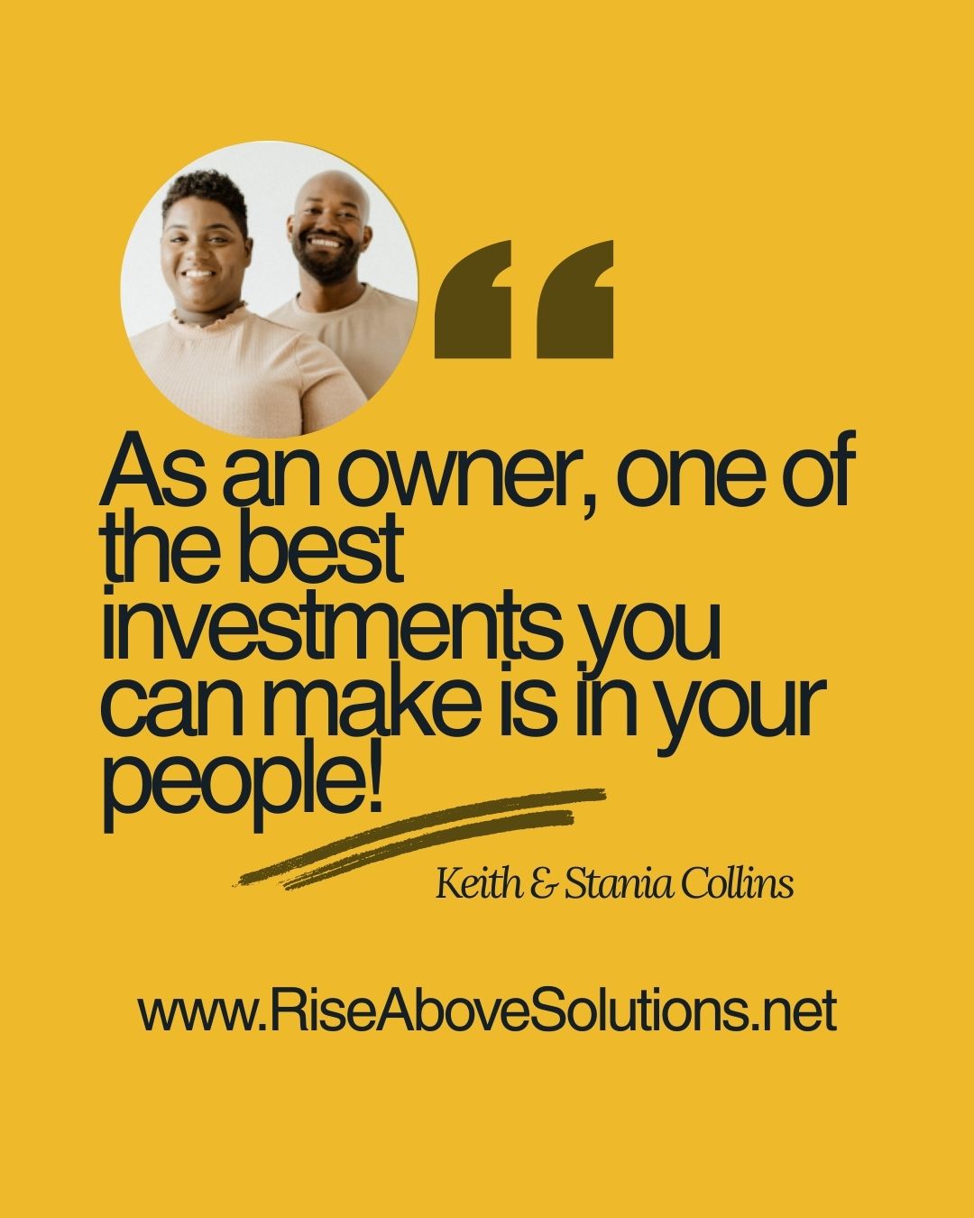 Two smiling men in a circle, quote about investments, website URL, on yellow background.