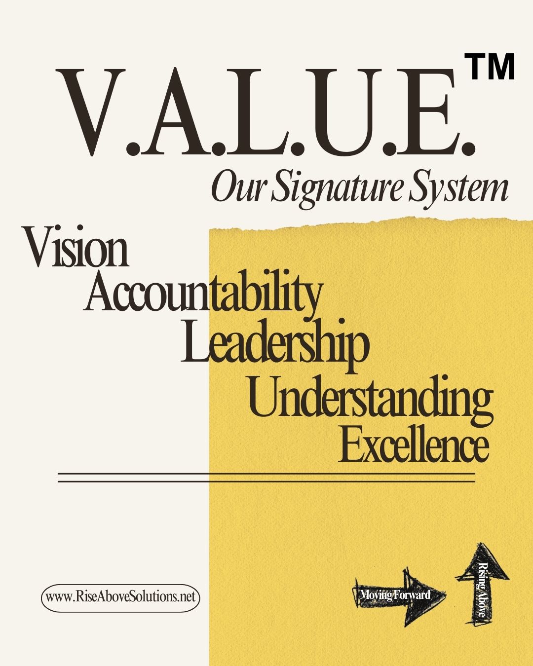 Text-based image with the words V.A.L.U.E. and related phrases, including vision, account, leadership, understanding, excellence, and a yellow highlight.