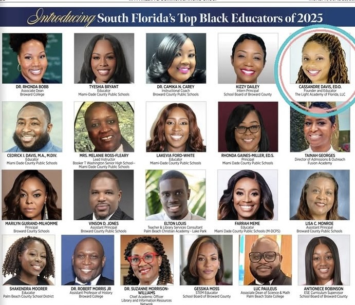 Group of 16 educators, headshots with names, celebrating South Florida's top educators of 2025, diverse group, professional attire, smiling.