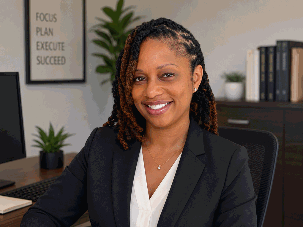 Smiling woman with dreadlocks in a black blazer and white blouse sitting at a desk in an office.