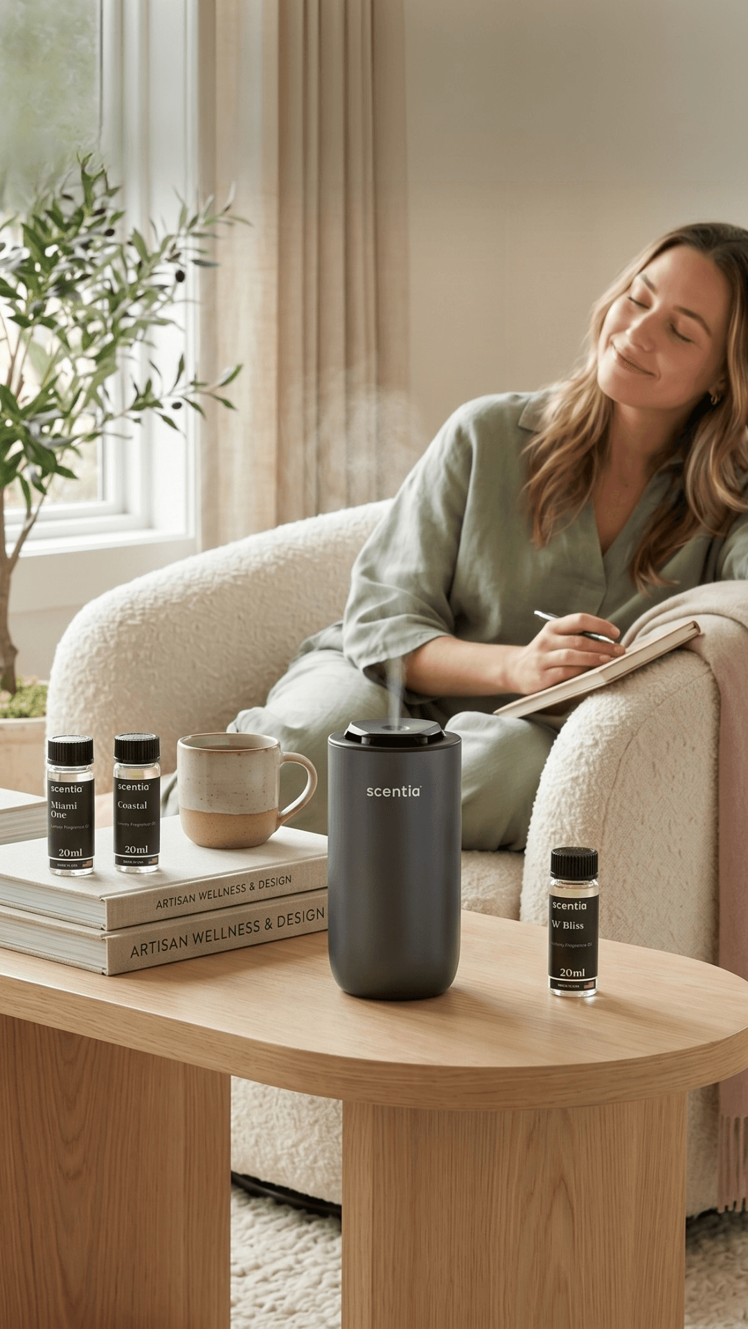 Woman relaxing on sofa with skincare products and a diffuser on table, sunlight through window, cozy room setting.