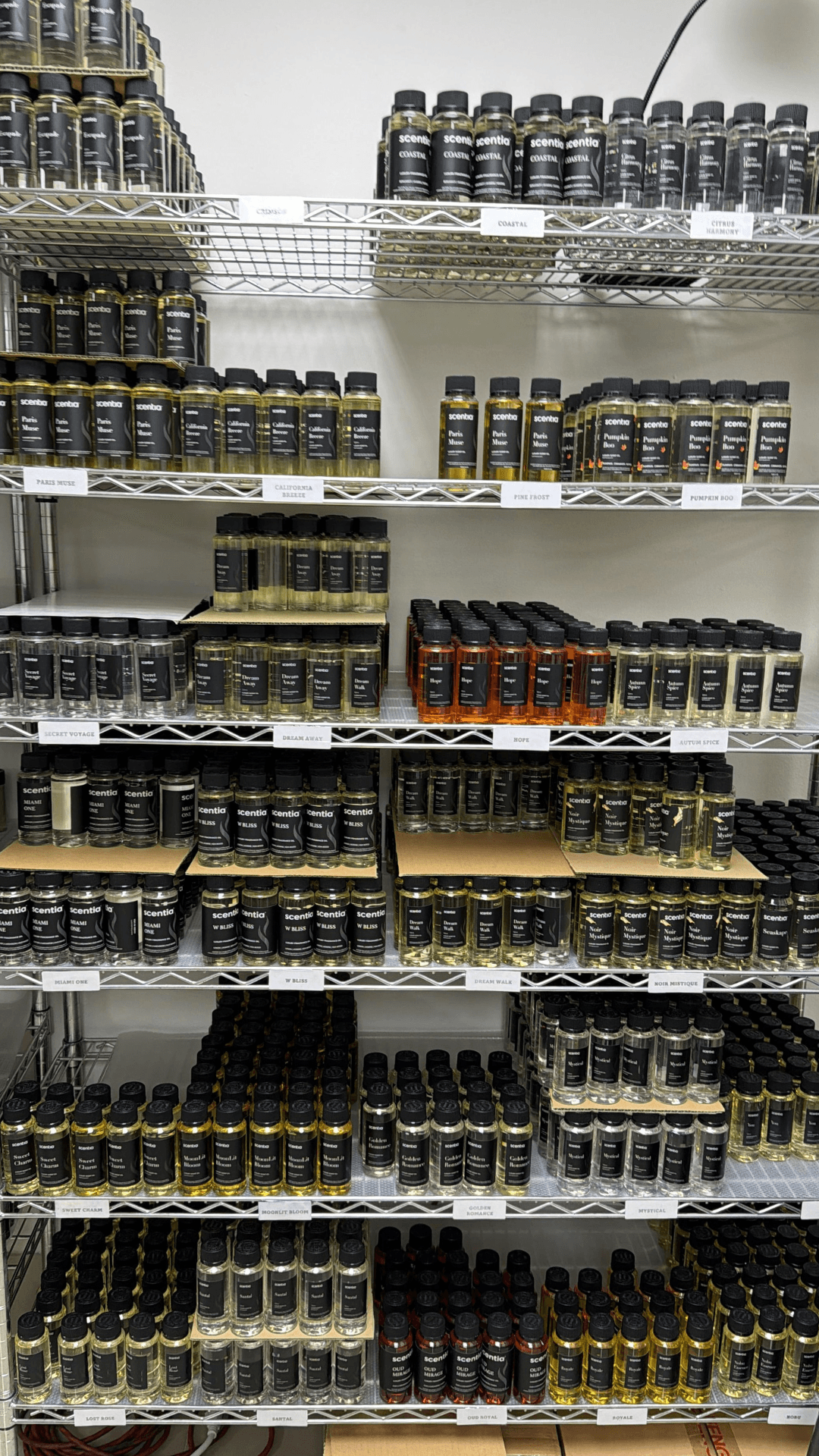 Shelves stocked with small bottles, organized in rows, in a retail store setting.