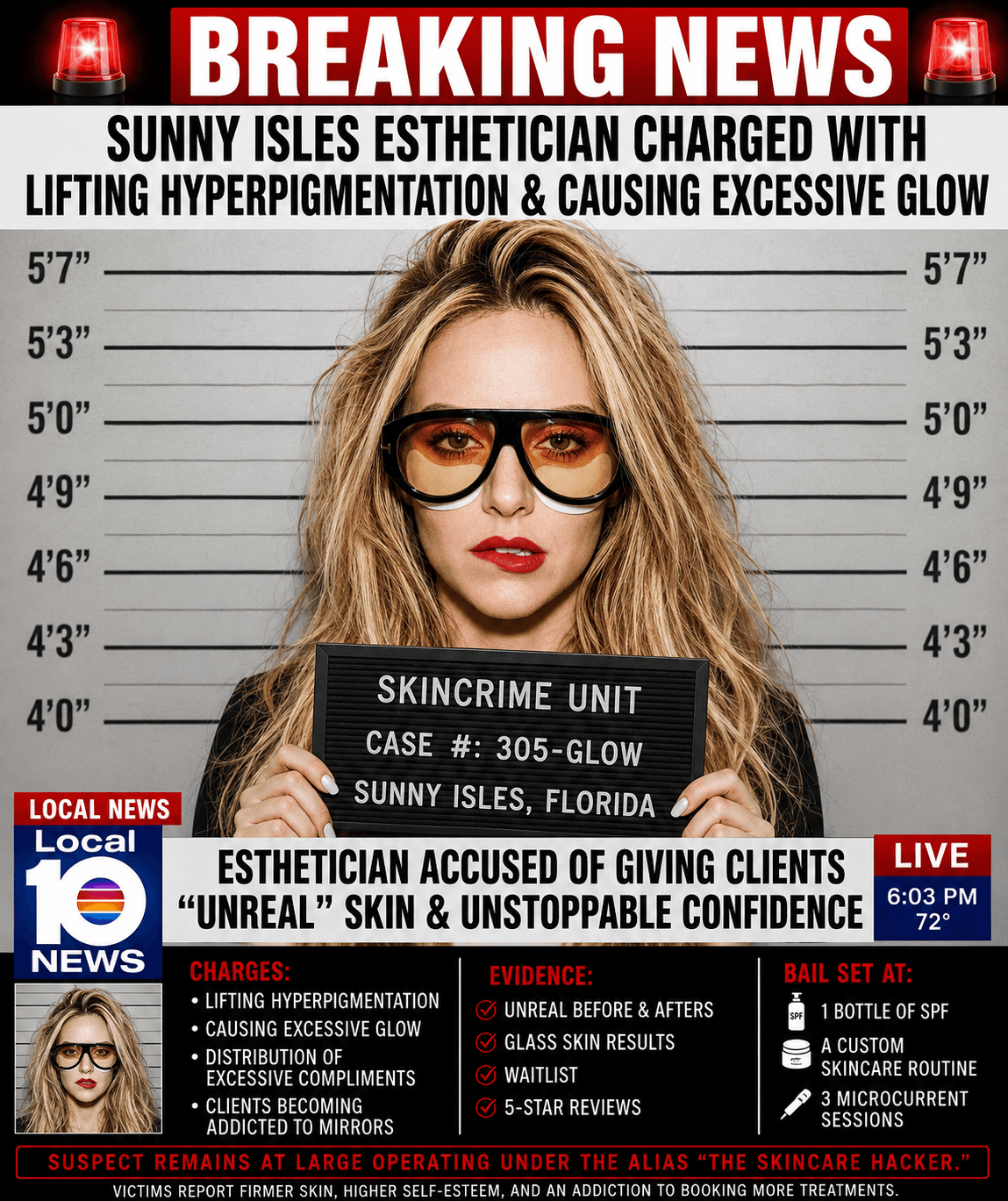 Woman with blonde hair, glasses, holding a sign about skin care, standing in front of a news backdrop with headlines.