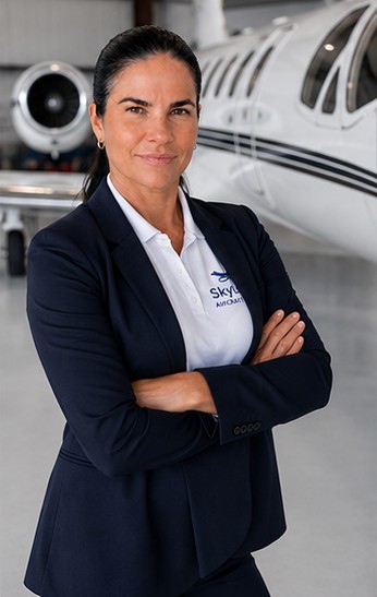 Woman in professional attire standing with arms crossed in front of private jet, smiling confidently.