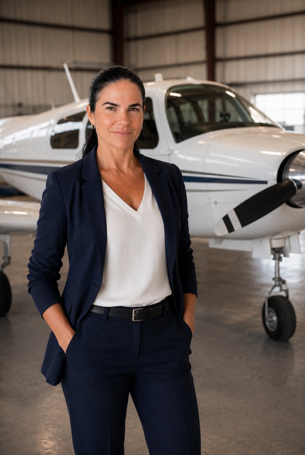 Woman in business attire standing in front of a small airplane inside a hangar.