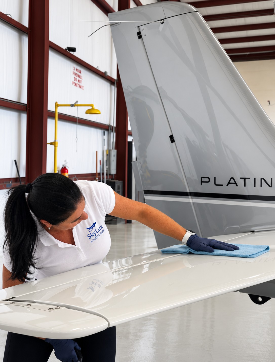 Woman cleaning airplane wing inside hangar, with aircraft tail labeled 'PLATINUM'.