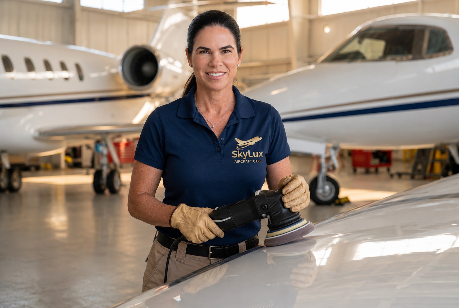 Smiling woman in a blue uniform polishing an aircraft in hangar with two private jets behind her.