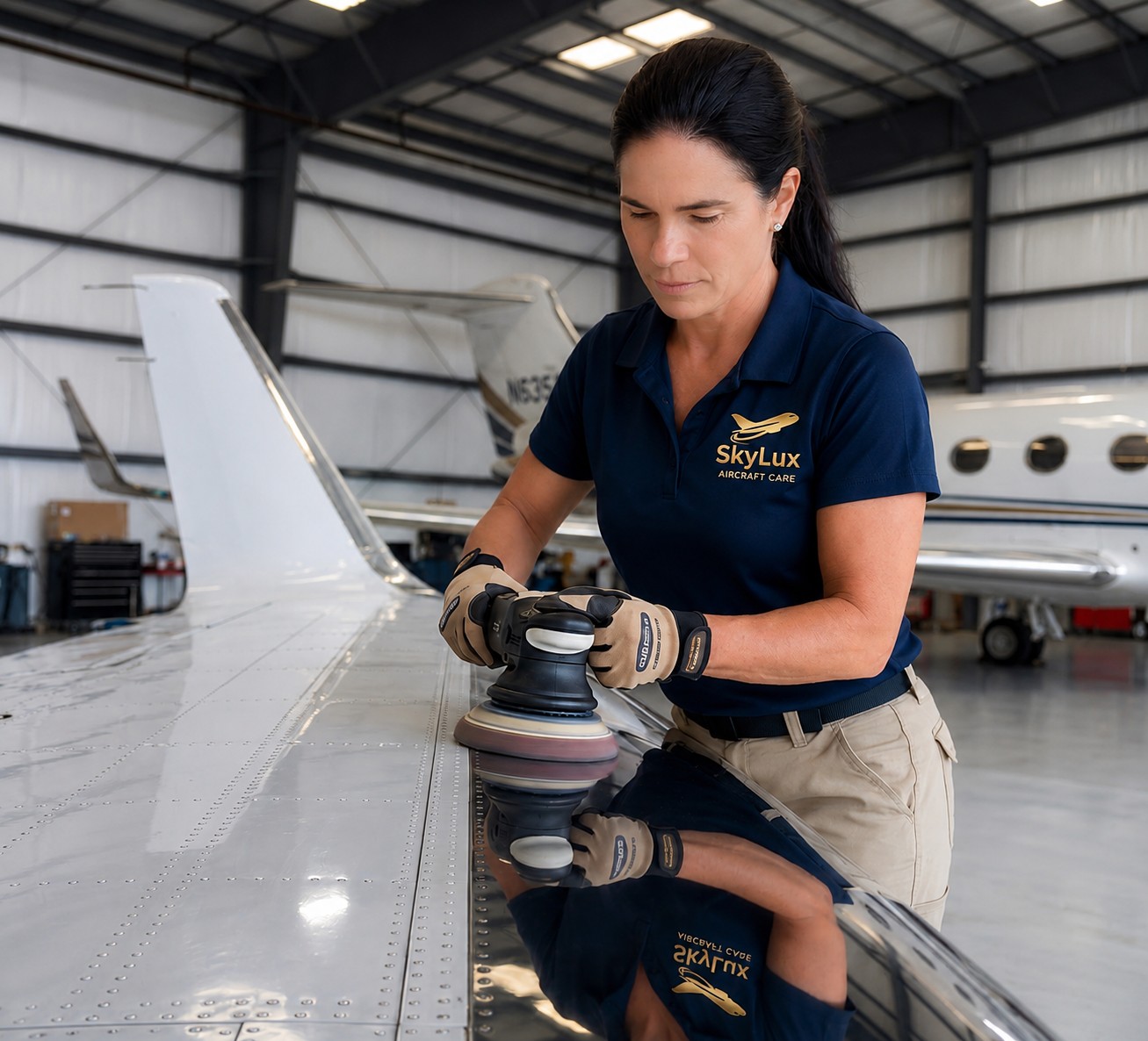 Woman polishing aircraft fuselage inside hangar, wearing gloves and a navy blue shirt with SkyLUX logo.