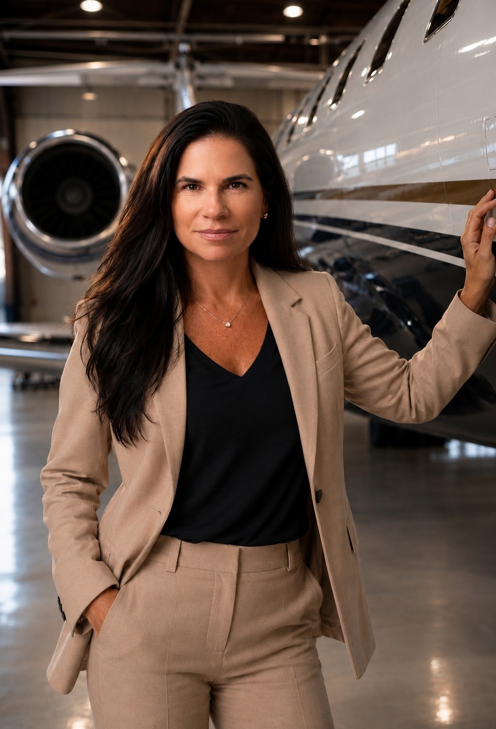 Woman in beige suit standing next to private jet in hangar, looking at camera.